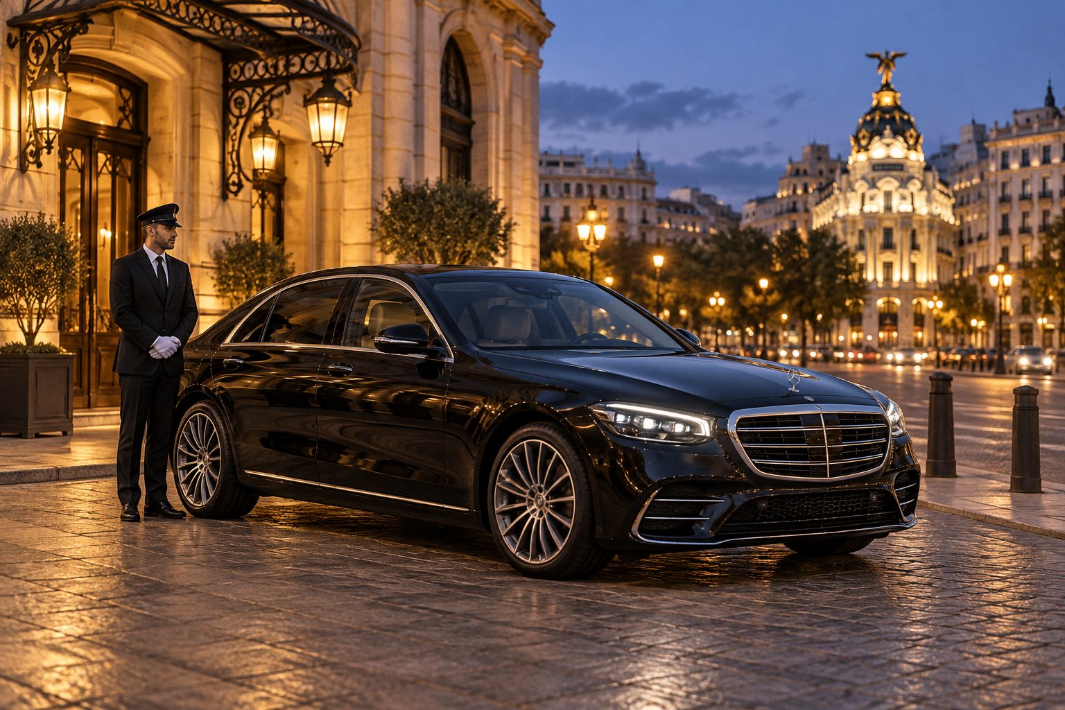 Mercedes-Benz Clase S con chófer privado esperando en Madrid